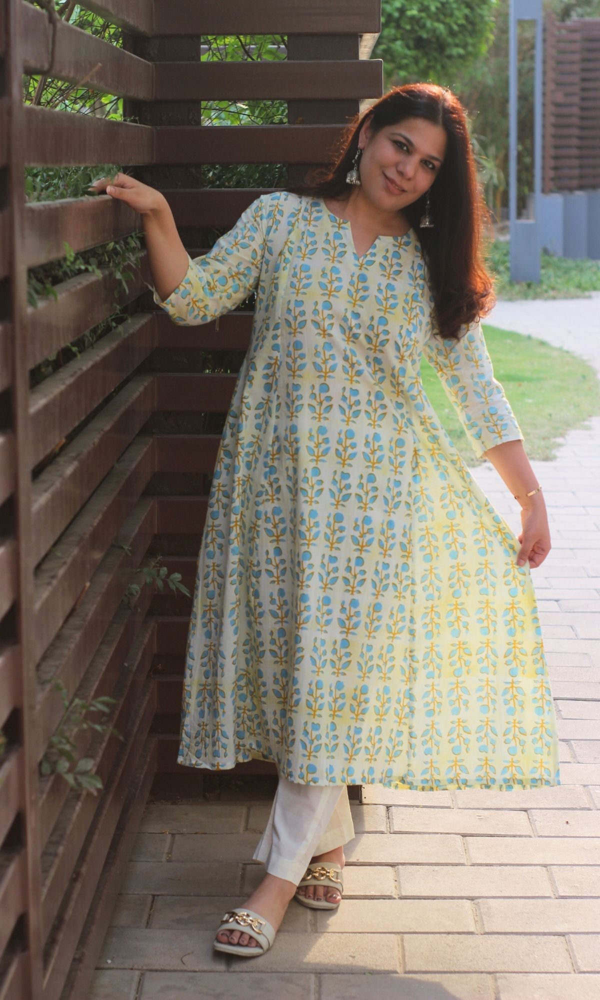 Cotton Gradient Lemon and Blue Kali Kurta - Baareeki