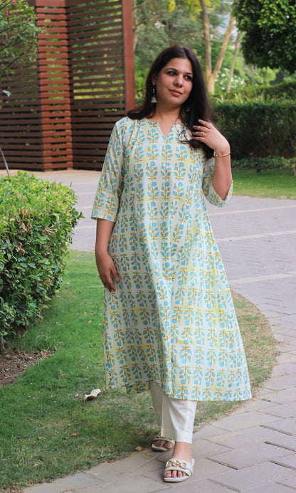 Cotton Gradient Lemon and Blue Kali Kurta - Baareeki