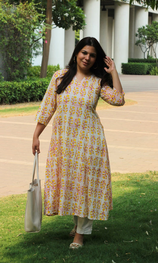 Cotton Gradient Yellow and Pink Printed Kali Kurta - Baareeki