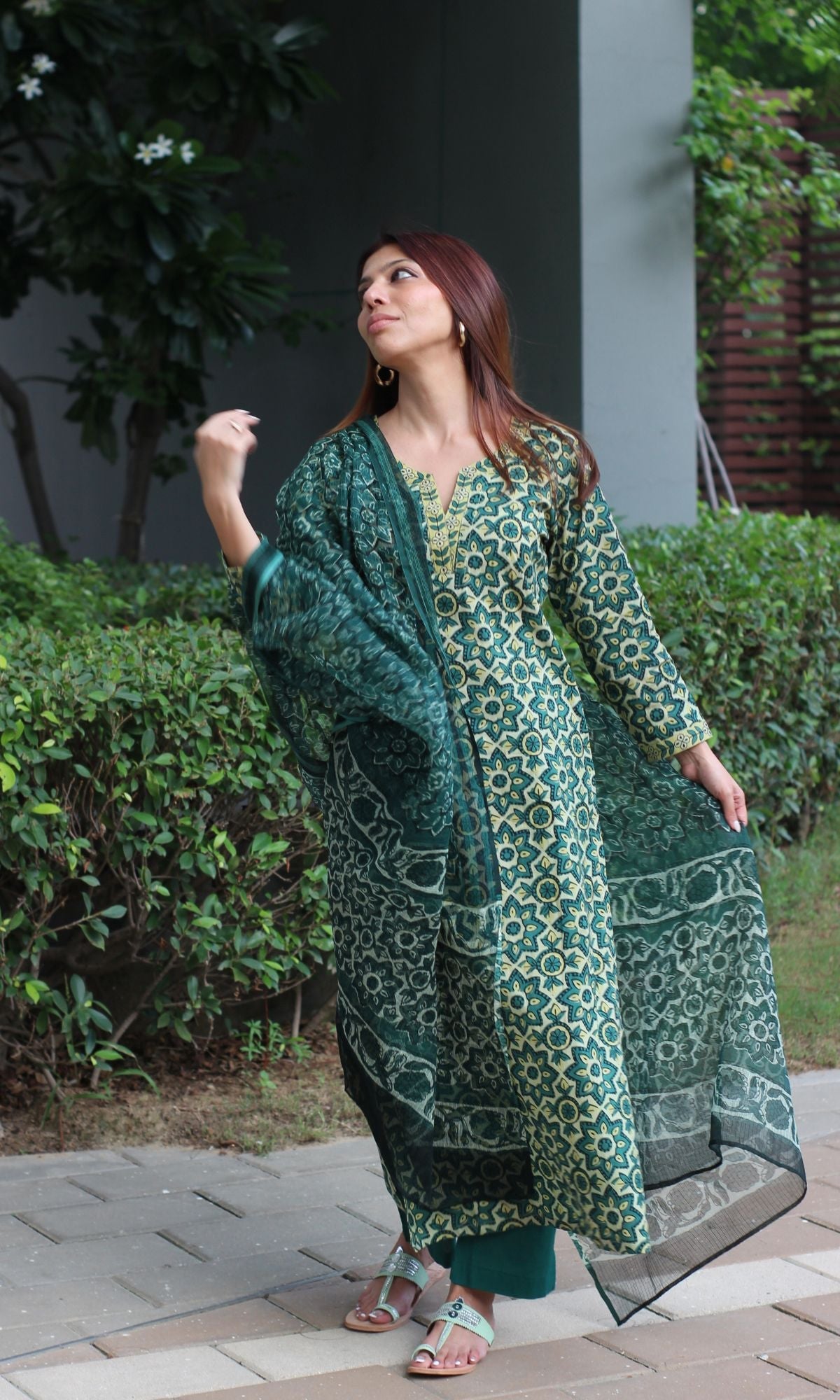 Cotton Green Ajrakh Vanaspati Suit Set with Kota Doria Printed Dupatta - Baareeki