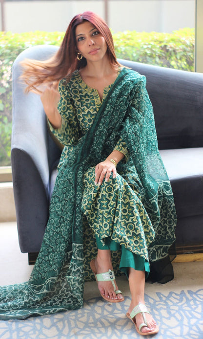 Cotton Green Ajrakh Vanaspati Suit Set with Kota Doria Printed Dupatta - Baareeki