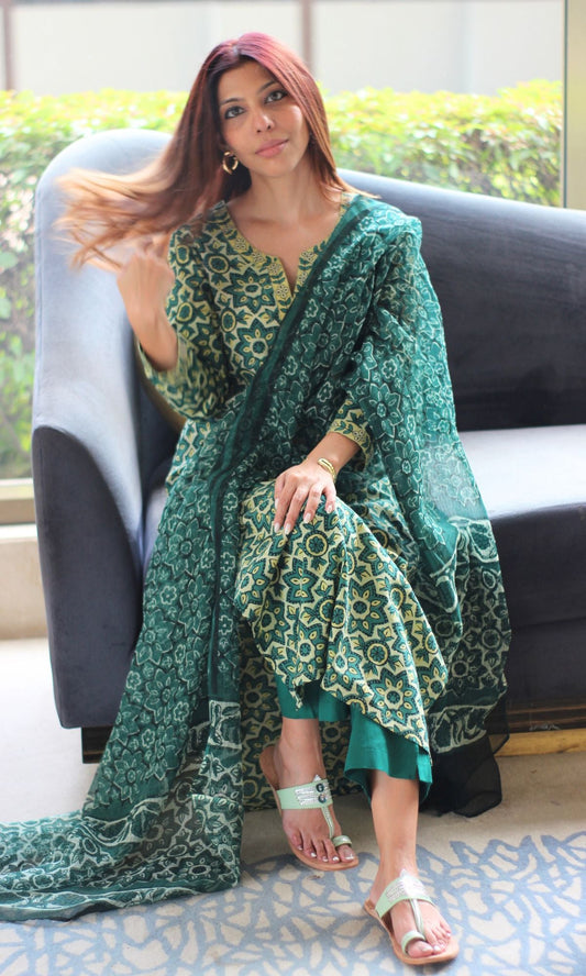 Cotton Green Ajrakh Vanaspati Suit Set with Kota Doria Printed Dupatta - Baareeki