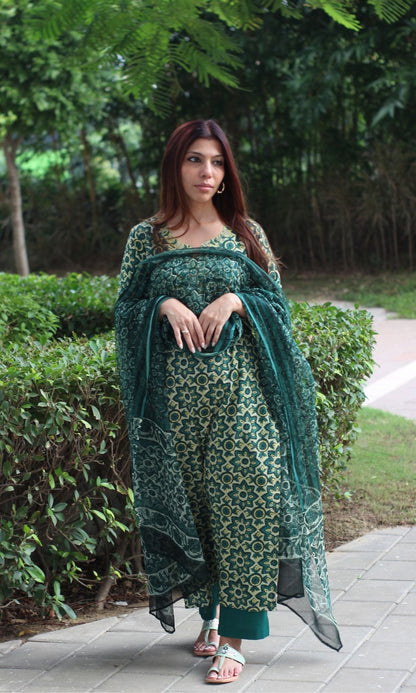 Cotton Green Ajrakh Vanaspati Suit Set with Kota Doria Printed Dupatta - Baareeki