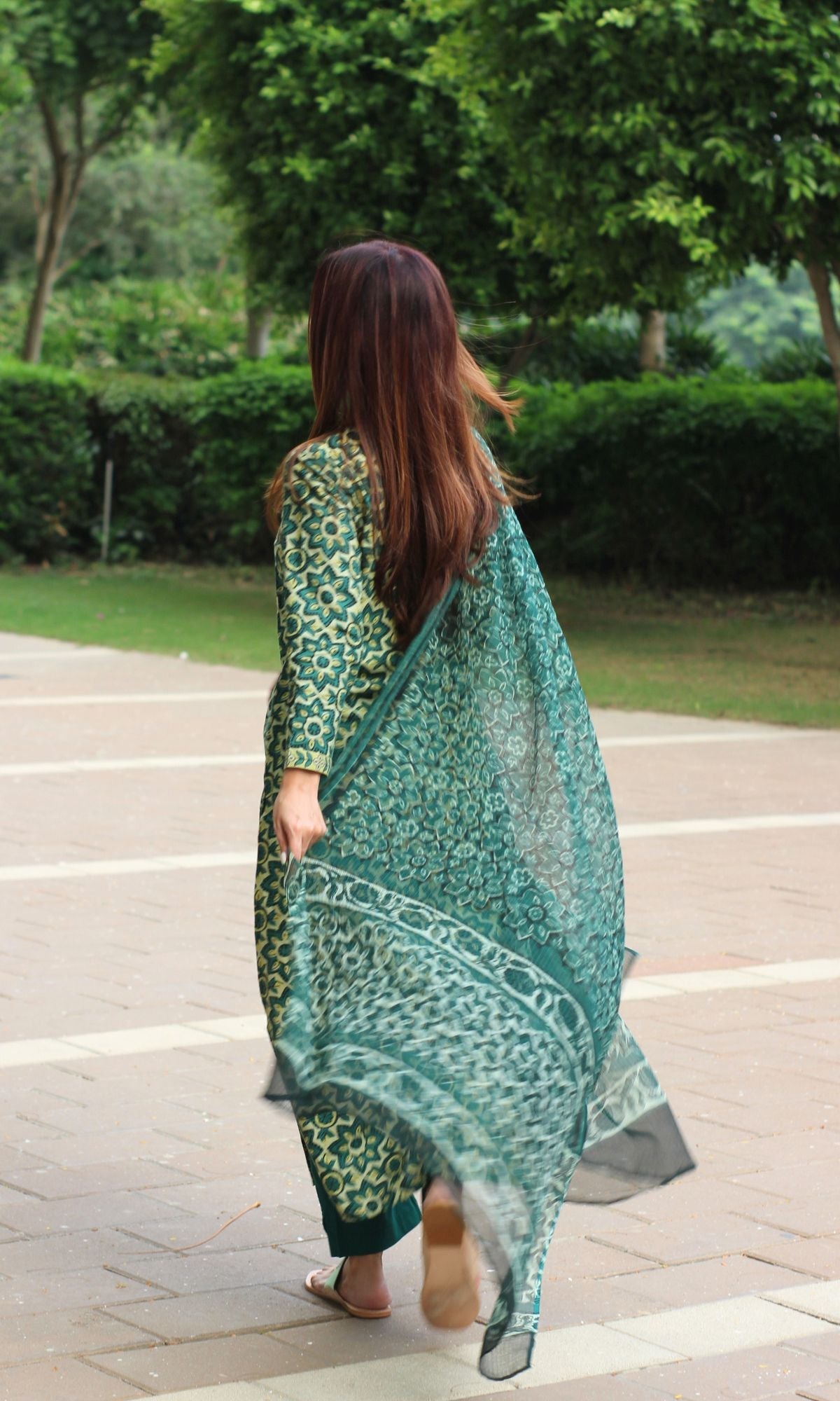 Cotton Green Ajrakh Vanaspati Suit Set with Kota Doria Printed Dupatta - Baareeki