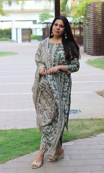 Cotton Green & Brown Printed Suit Set with Cotton Printed Dupatta - Baareeki