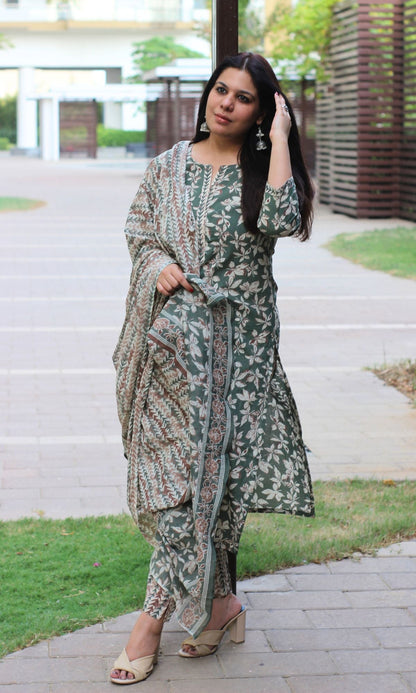 Cotton Green & Brown Printed Suit Set with Cotton Printed Dupatta - Baareeki