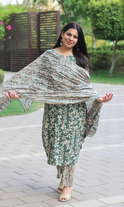 Cotton Green & Brown Printed Suit Set with Cotton Printed Dupatta - Baareeki