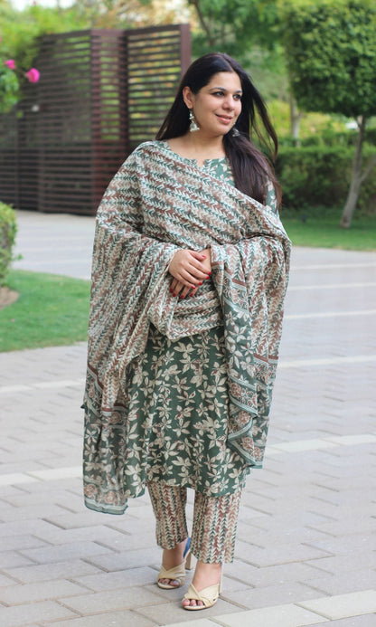 Cotton Green & Brown Printed Suit Set with Cotton Printed Dupatta - Baareeki