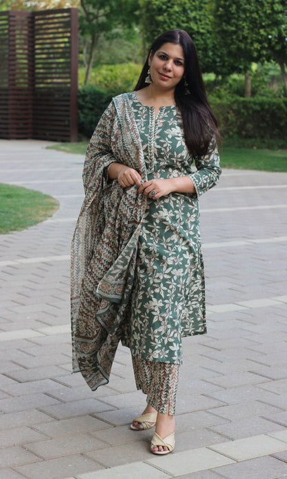 Cotton Green & Brown Printed Suit Set with Cotton Printed Dupatta - Baareeki