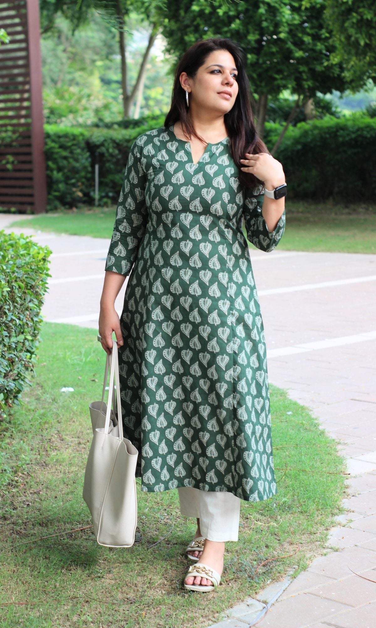 Cotton Green Oval Leaf Kurta - Baareeki