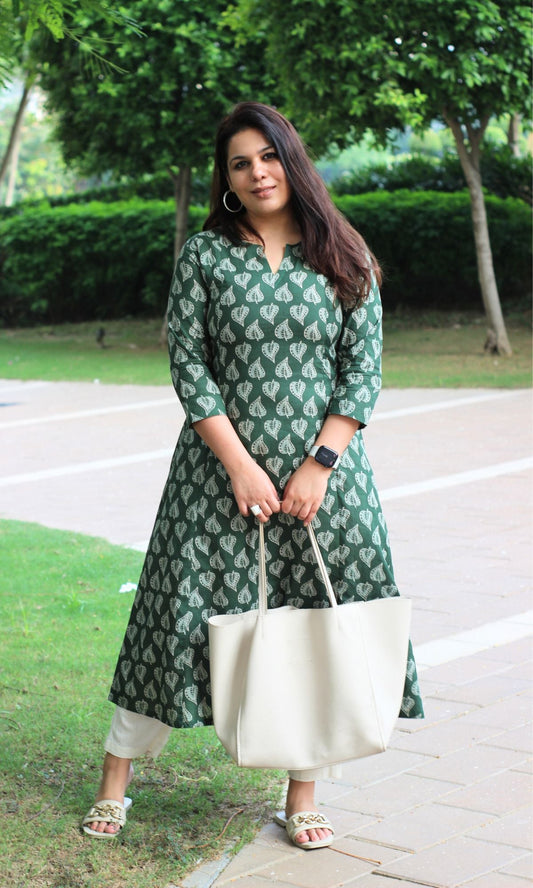 Cotton Green Oval Leaf Kurta - Baareeki