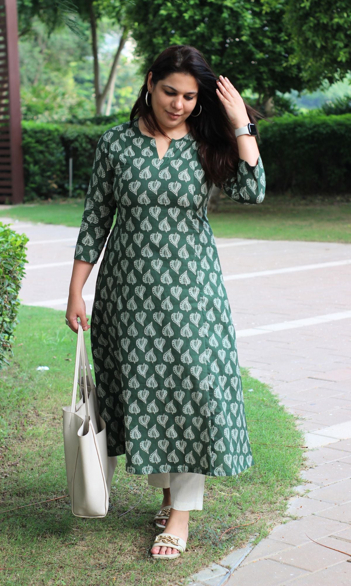 Cotton Green Oval Leaf Kurta - Baareeki