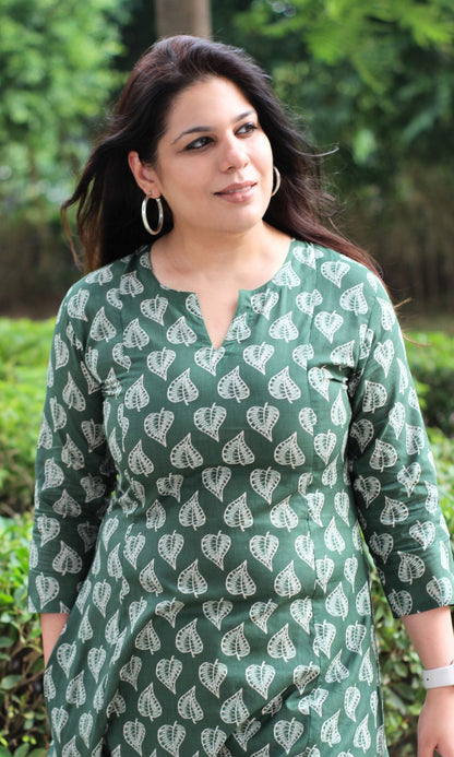 Cotton Green Oval Leaf Kurta - Baareeki