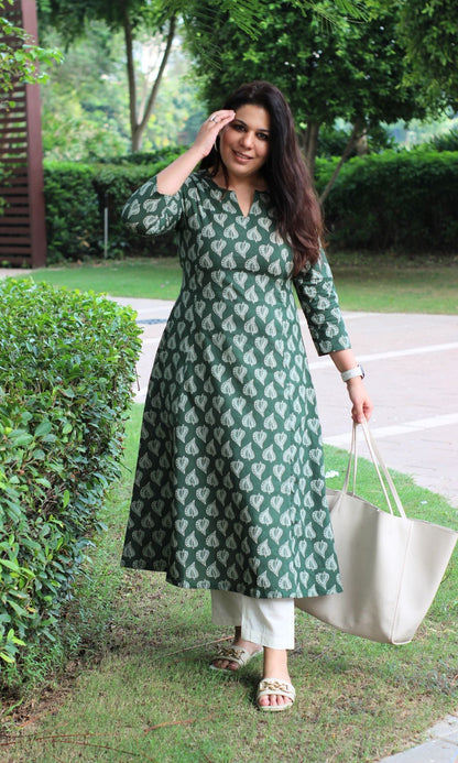 Cotton Green Oval Leaf Kurta - Baareeki