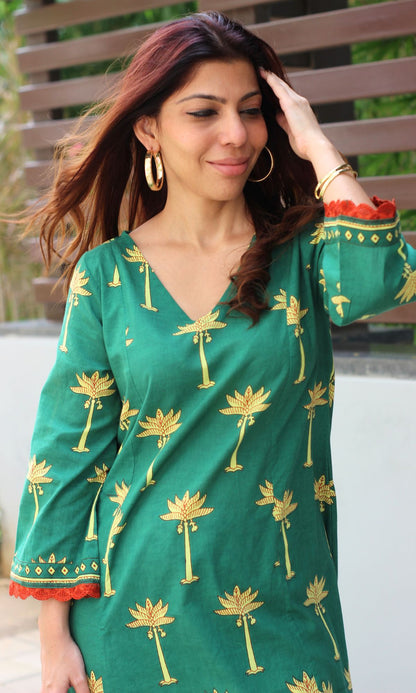 Cotton Green Palm Tree High Low Kurta and Palazzo - Baareeki