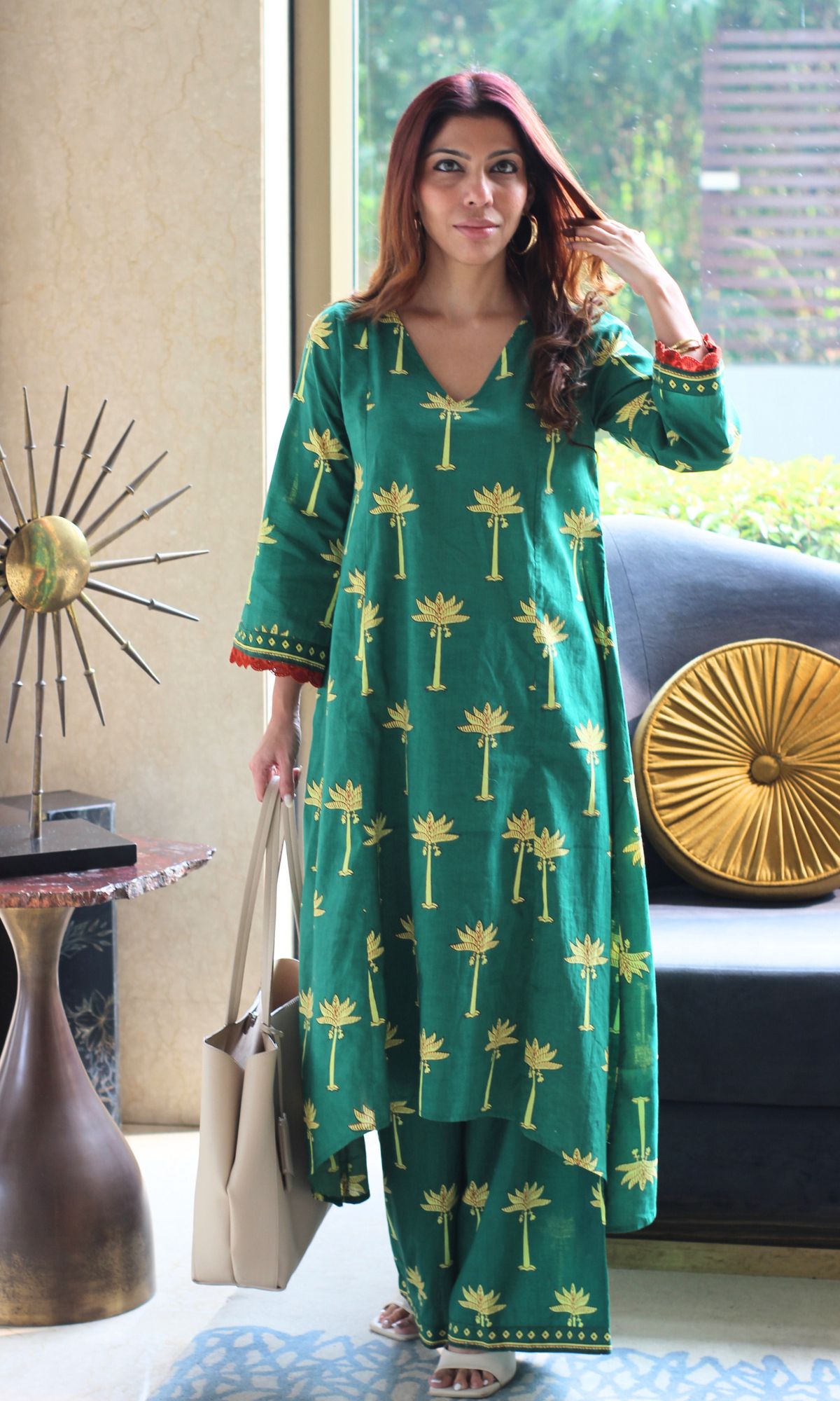 Cotton Green Palm Tree High Low Kurta and Palazzo - Baareeki