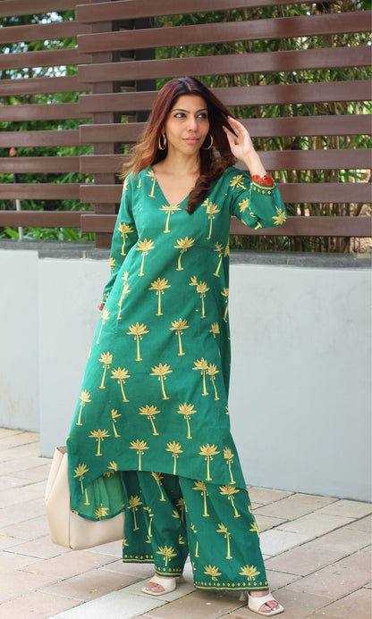 Cotton Green Palm Tree High Low Kurta and Palazzo - Baareeki