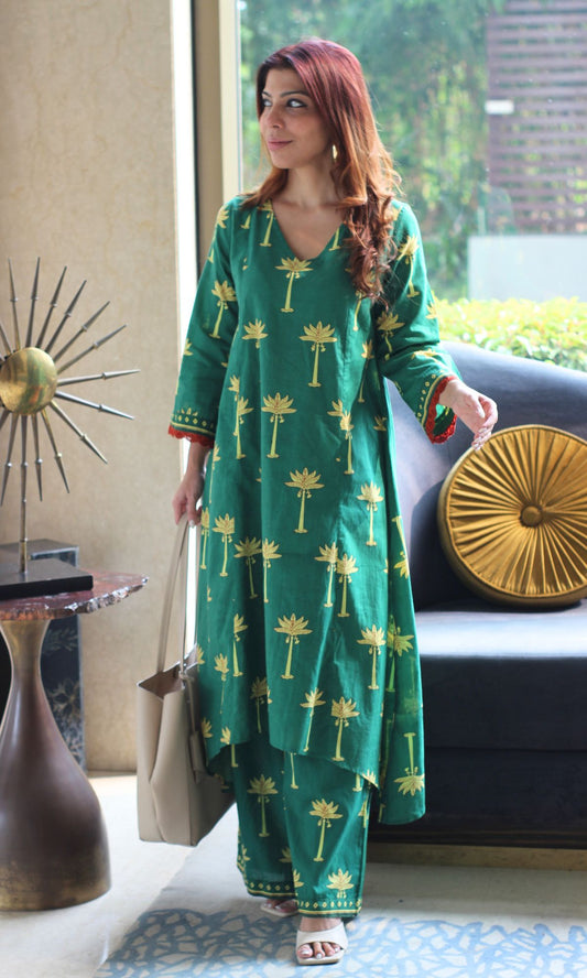 Cotton Green Palm Tree High Low Kurta and Palazzo - Baareeki