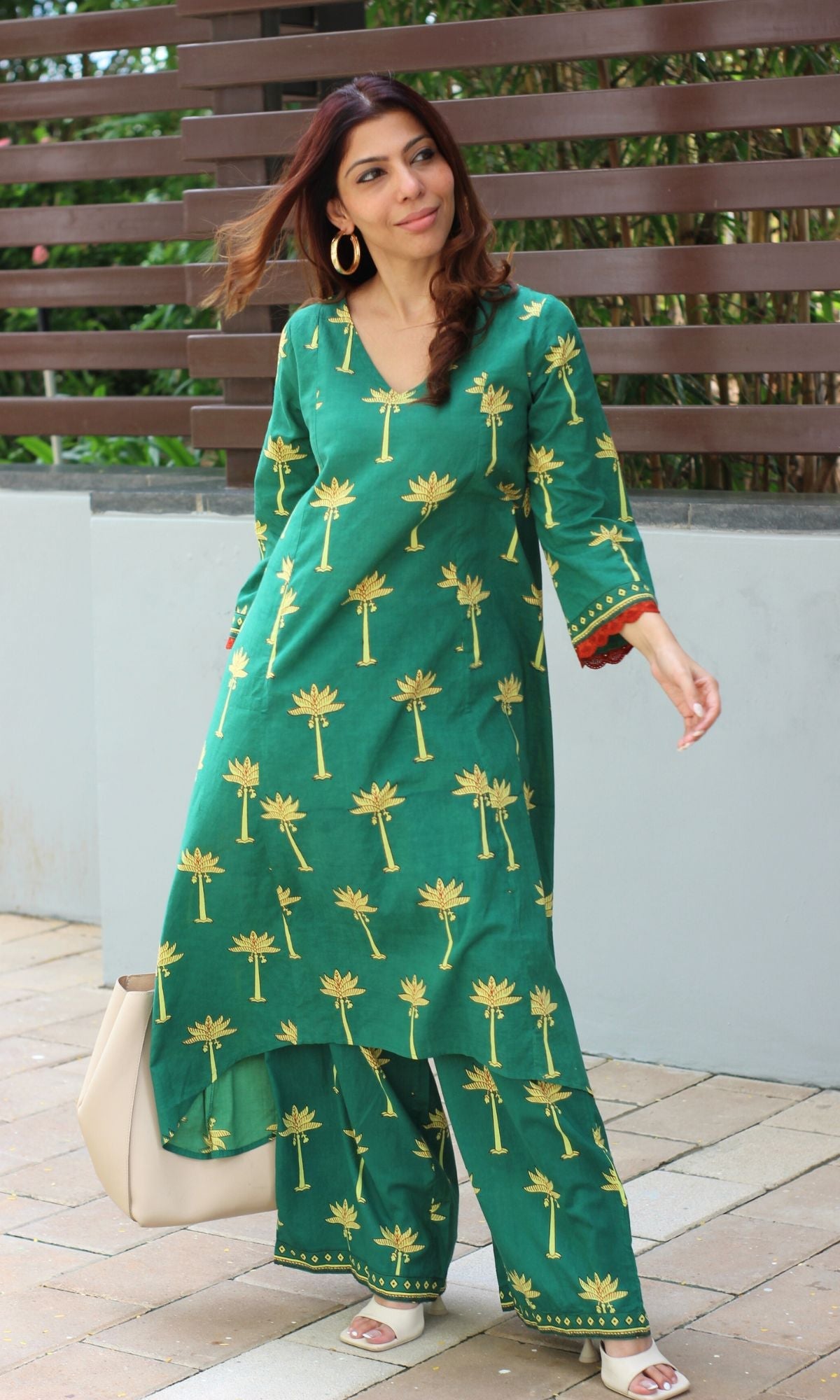 Cotton Green Palm Tree High Low Kurta and Palazzo - Baareeki