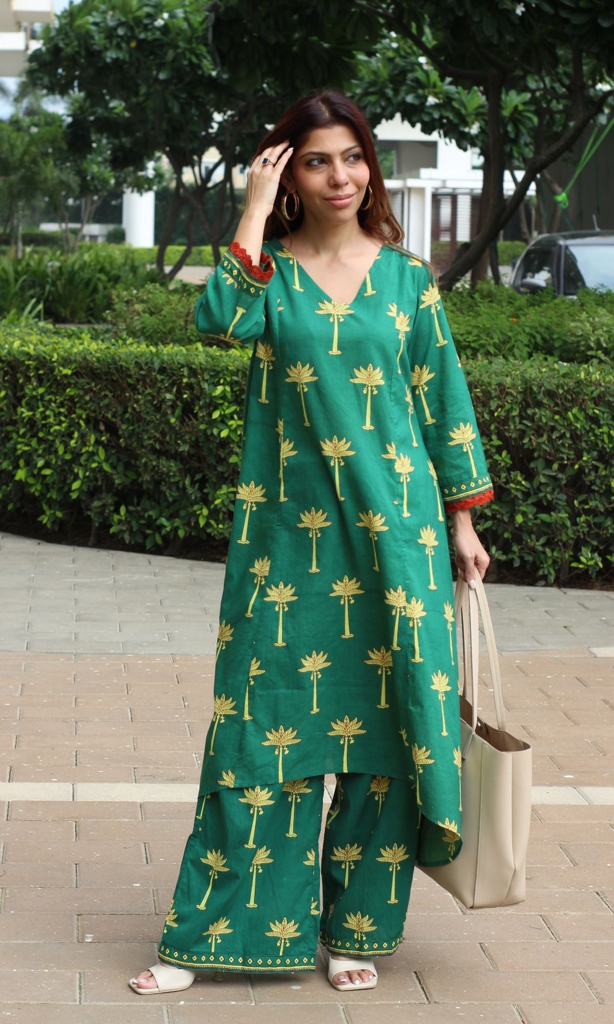 Cotton Green Palm Tree High Low Kurta and Palazzo - Baareeki