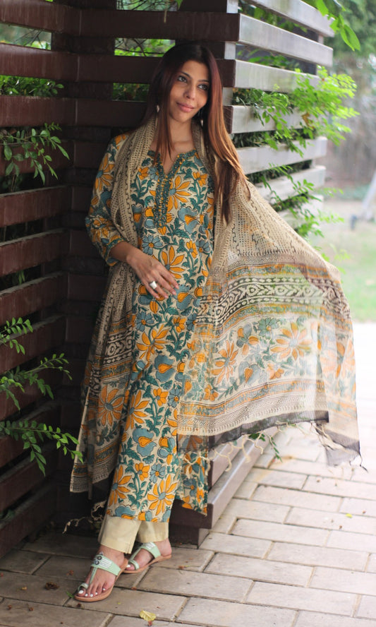 Cotton Green & Yellow Kalamkari Handblock Suit with Printed Dupatta - Baareeki