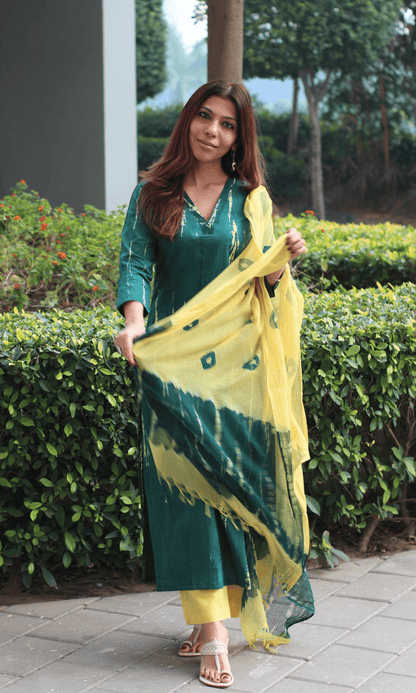 Cotton Green & Yellow Tie & Dye Suit with Kota Doria Dupatta - Baareeki