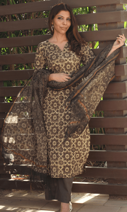 Cotton Handblock Ajrakh Kurta and Pants with Kota Doria Dupatta - Baareeki