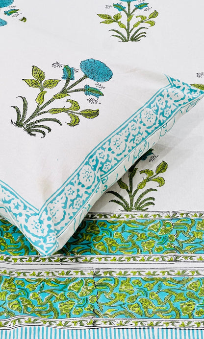 Cotton Handblock Aqua Mughal Size King Size Bedsheet 100*108 - Baareeki