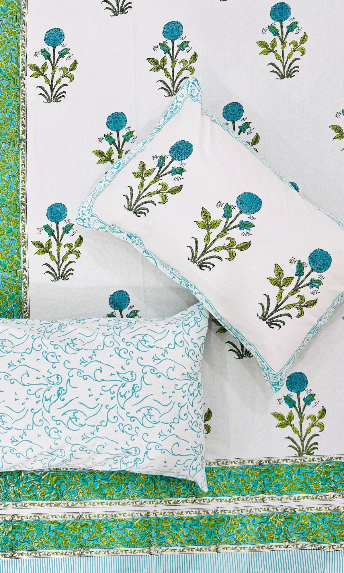 Cotton Handblock Aqua Mughal Size King Size Bedsheet 100*108 - Baareeki