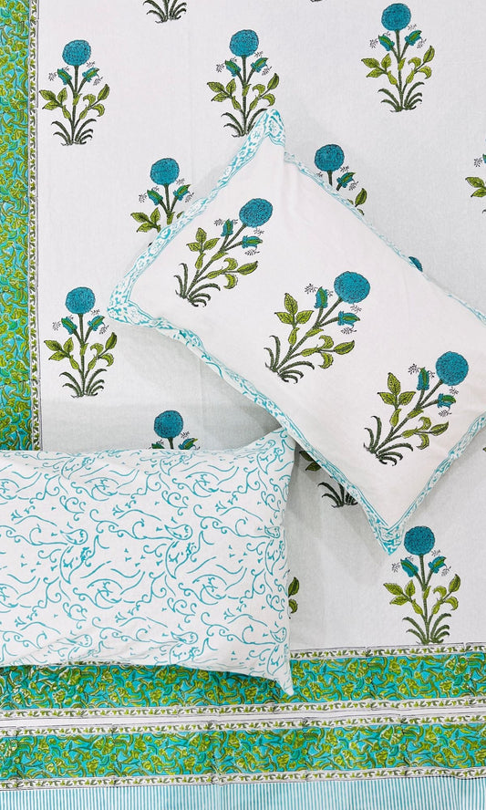 Cotton Handblock Aqua Mughal Size King Size Bedsheet 100*108 - Baareeki