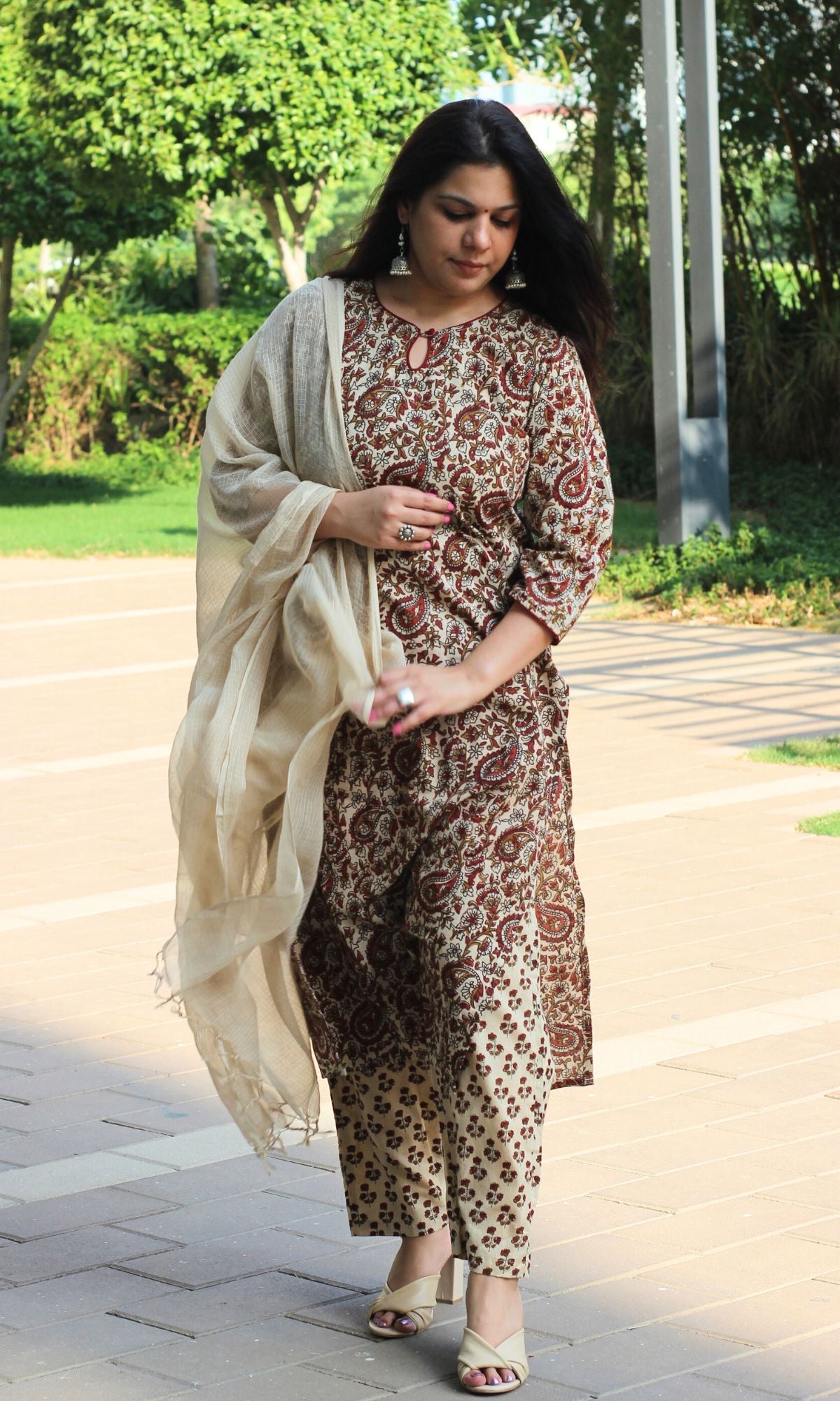 Cotton Handblock Beige Bagru Kalamkari Suit Set with Kota Doria Dupatta - Baareeki