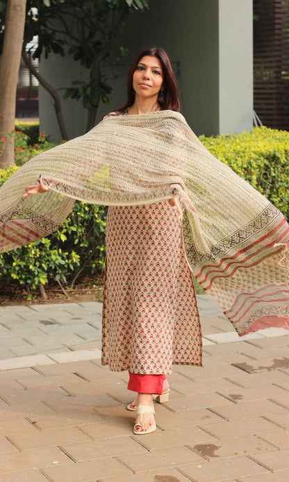 Cotton Handblock Beige & Red Booti Suit with Kota Doria Handblock Printed Dupatta - Baareeki