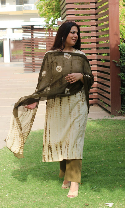 Cotton Handblock Beige Tie and Dye Suit set with Chiffon Dupatta - Baareeki