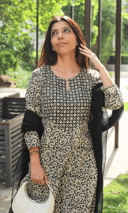Cotton Handblock Black Bagru Print Suit with Kota Doria Dupatta - Baareeki
