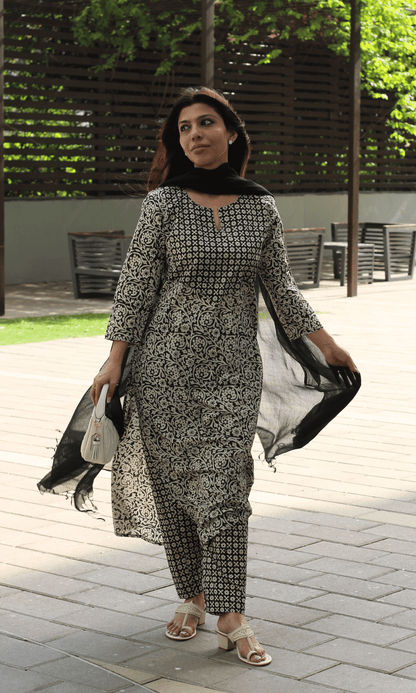 Cotton Handblock Black Bagru Print Suit with Kota Doria Dupatta - Baareeki