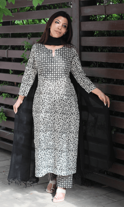 Cotton Handblock Black Bagru Print Suit with Kota Doria Dupatta - Baareeki