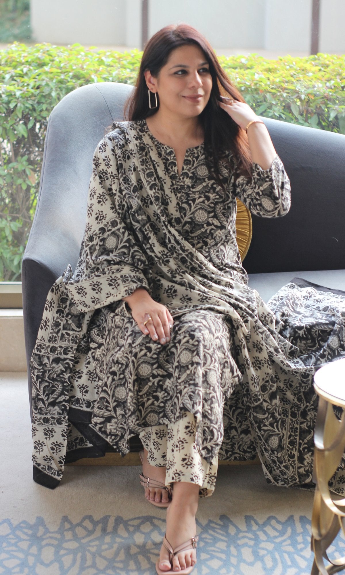 Cotton Handblock Black & Off White Kalamkari Print Suit with Mul Printed Dupatta - Baareeki