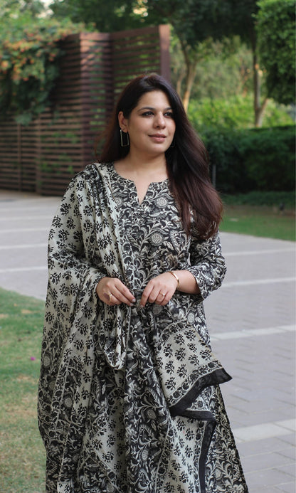 Cotton Handblock Black & Off White Kalamkari Print Suit with Mul Printed Dupatta - Baareeki