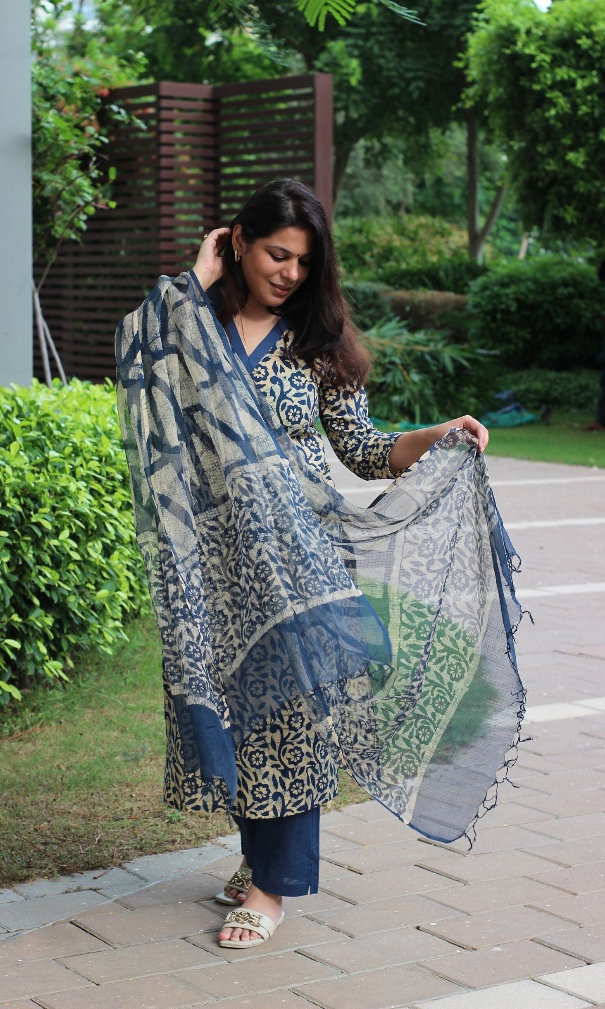 Cotton Handblock Blue Batik Print Suit with Kota Doria Dupatta - Baareeki