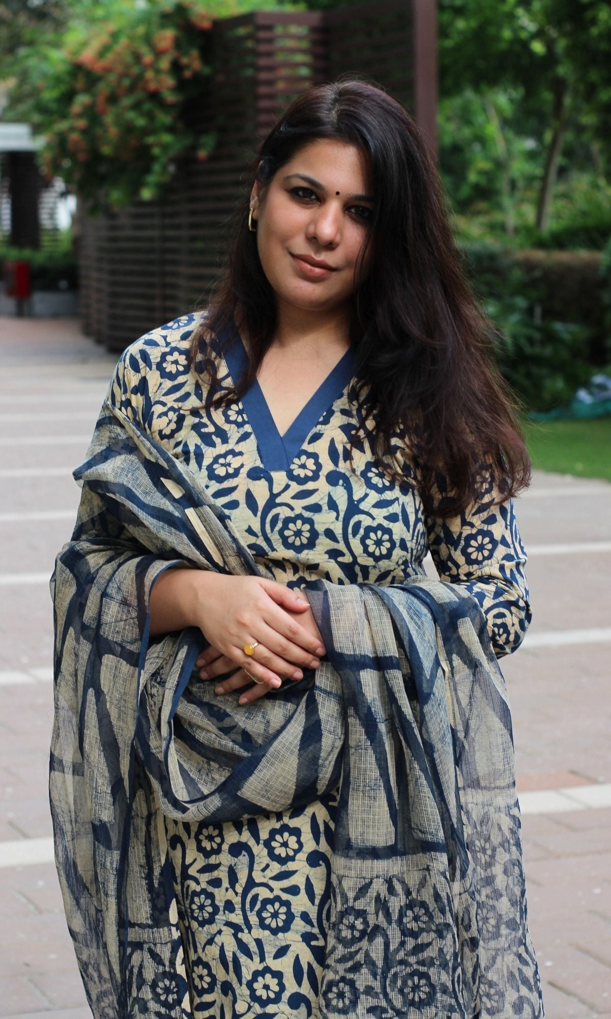 Cotton Handblock Blue Batik Print Suit with Kota Doria Dupatta - Baareeki