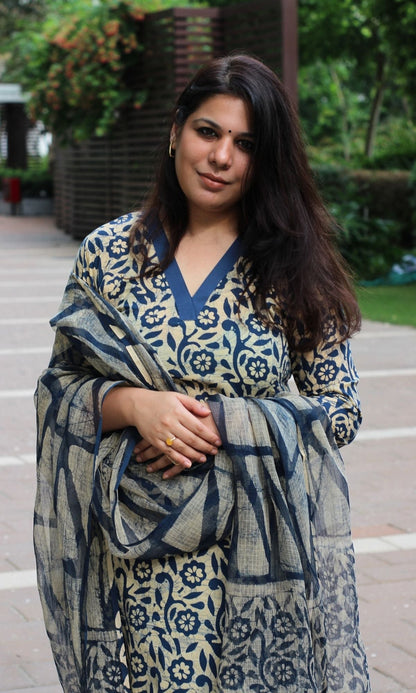 Cotton Handblock Blue Batik Print Suit with Kota Doria Dupatta - Baareeki