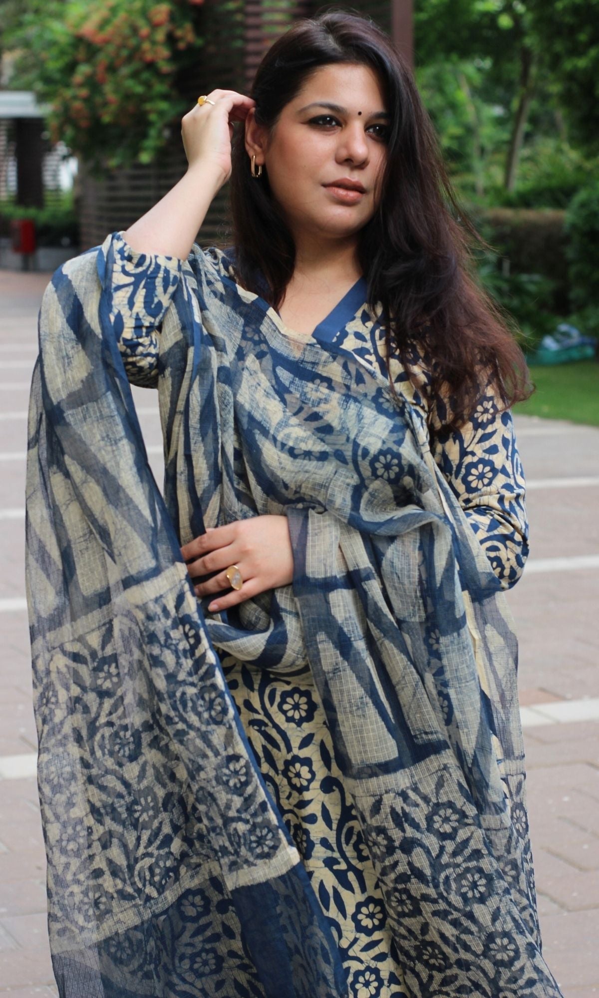 Cotton Handblock Blue Batik Print Suit with Kota Doria Dupatta - Baareeki