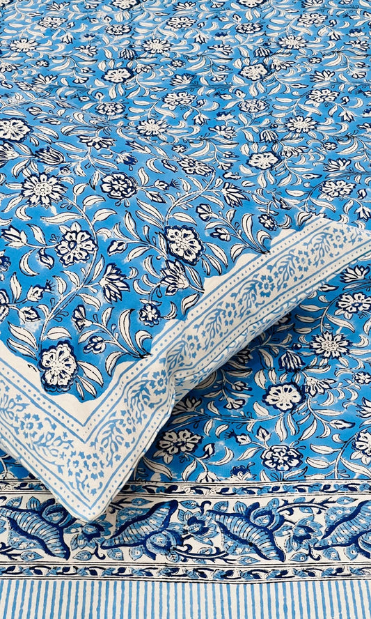 Cotton Handblock Blue Garden King Size Bedsheet 100*108 - Baareeki