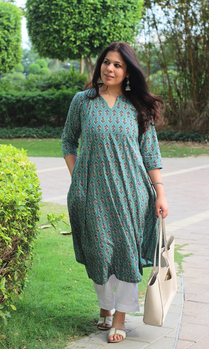 Cotton Handblock Blue Kali Kurta - Baareeki