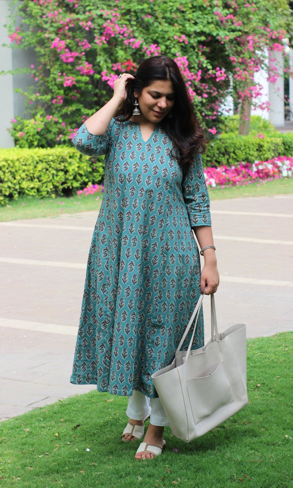 Cotton Handblock Blue Kali Kurta - Baareeki