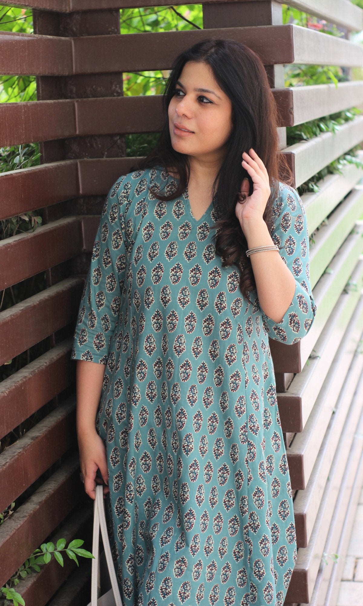 Cotton Handblock Blue Kali Kurta - Baareeki