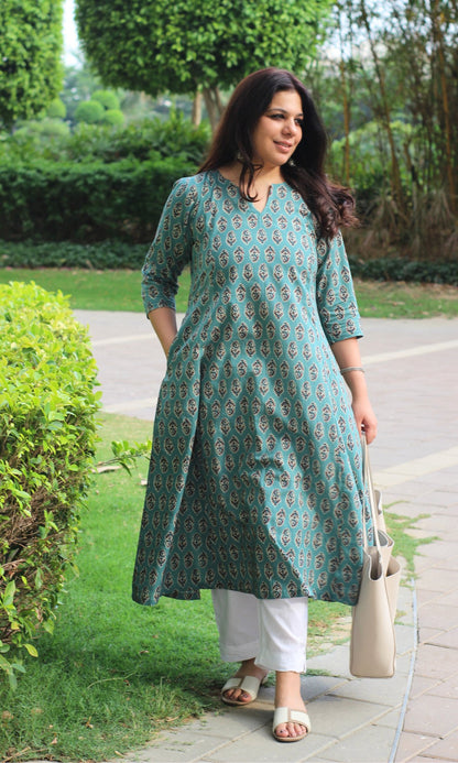 Cotton Handblock Blue Kali Kurta - Baareeki