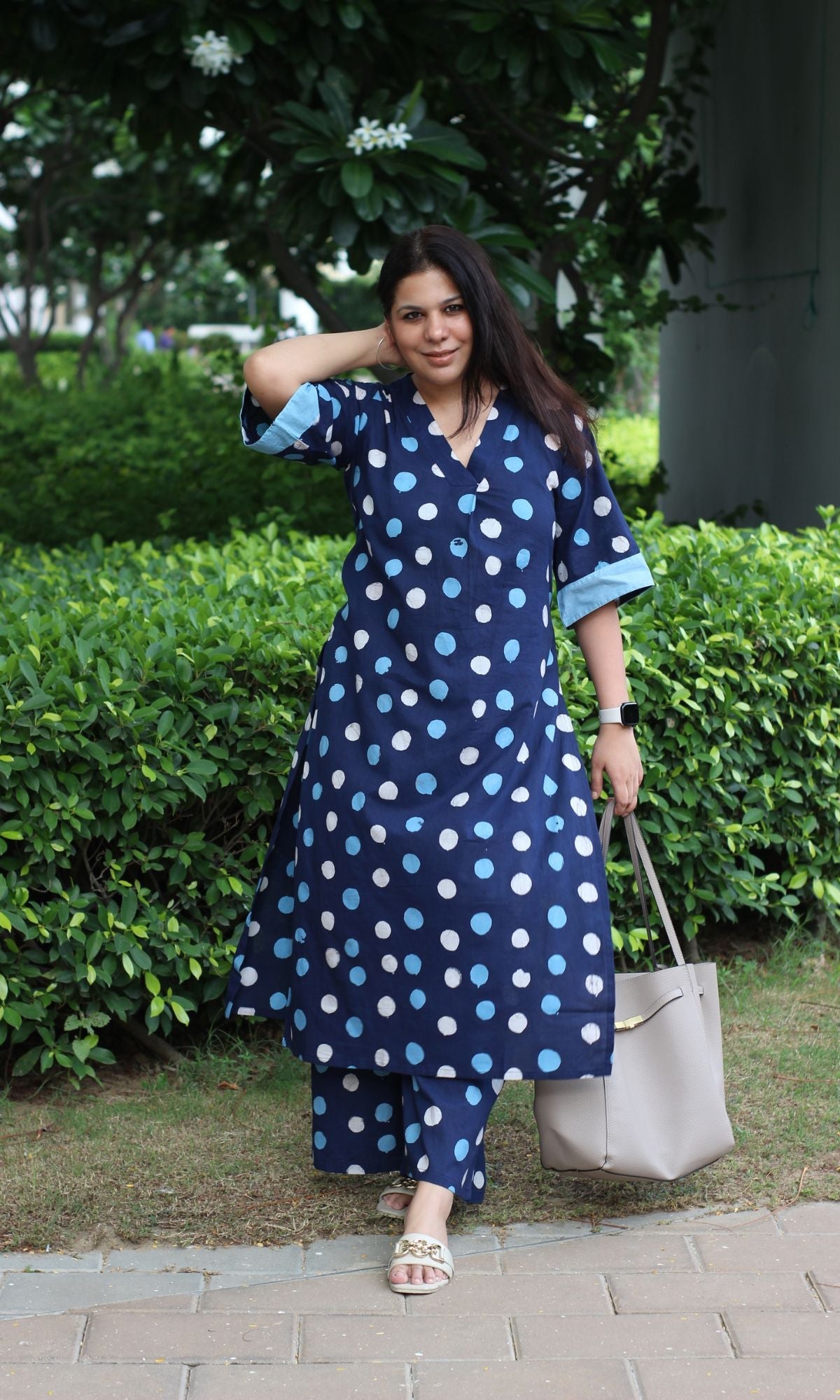 Cotton Handblock Blue Polka Print A - line Kurta with Palazzo - Baareeki