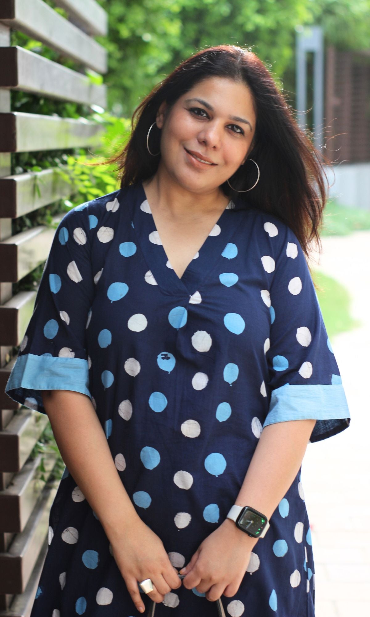 Cotton Handblock Blue Polka Print A - line Kurta with Palazzo - Baareeki