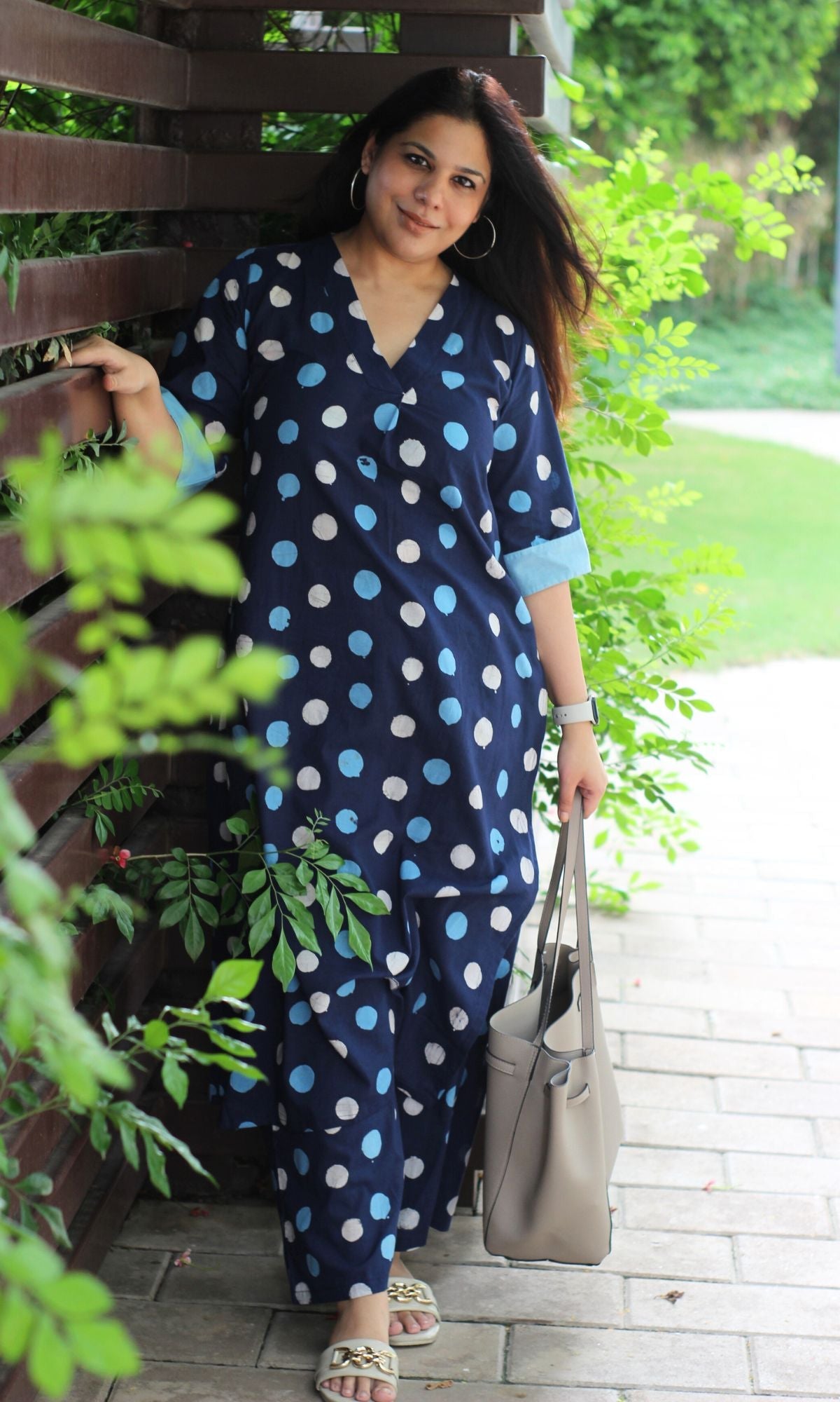 Cotton Handblock Blue Polka Print A - line Kurta with Palazzo - Baareeki